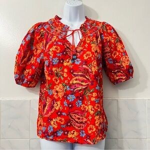 Rachel Roy Red Orange Floral Puff Sleeve Top Size S Boho Peasant 100% Cotton